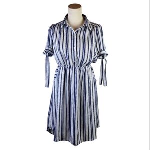 Monteau Blue White Striped Shirt Dress M Tie Sleeves Pockets Nautical Chic Mini